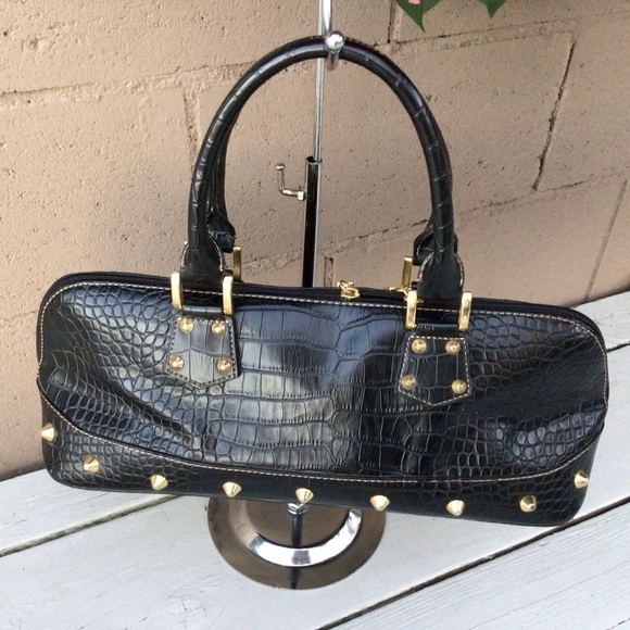 Vintage Faux aligator Black Studded Gold Hardware Handbag - Picture 1 of 9